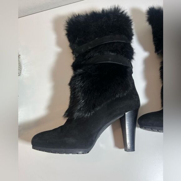 👢Aquatalia black fur fluffy belted Italian heel mid calf slip on boots boots 7 - Picture 8 of 13
